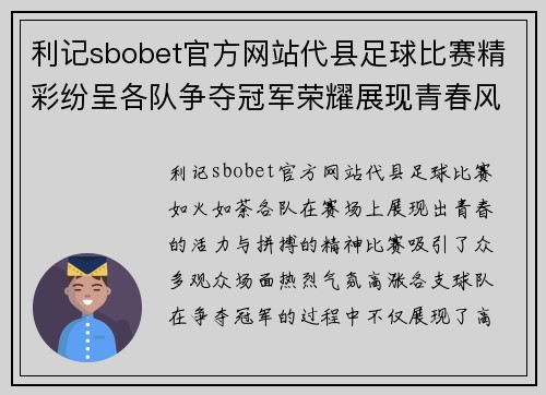利记sbobet官方网站代县足球比赛精彩纷呈各队争夺冠军荣耀展现青春风采